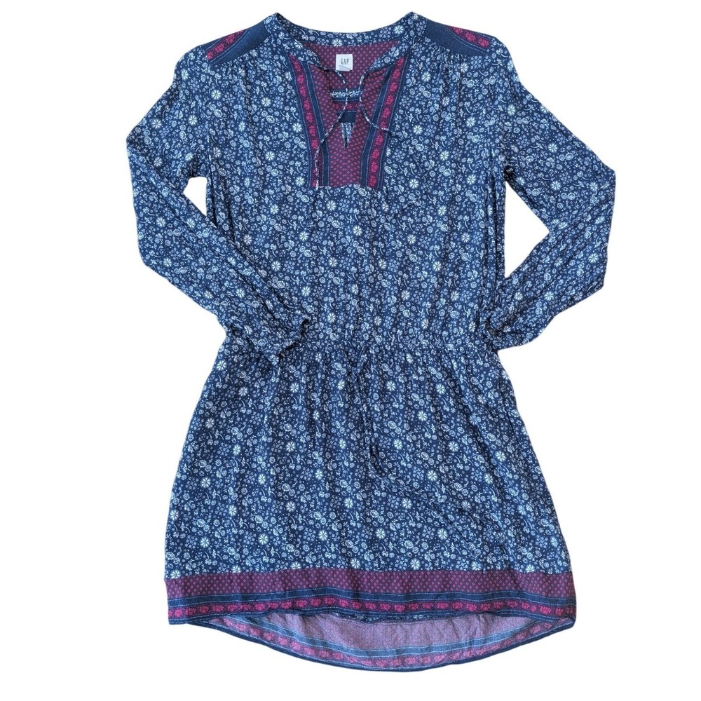 GAP Women's Boho hippy Blue Floral Print Long Sleeve Lace Up Casual Dress Size M